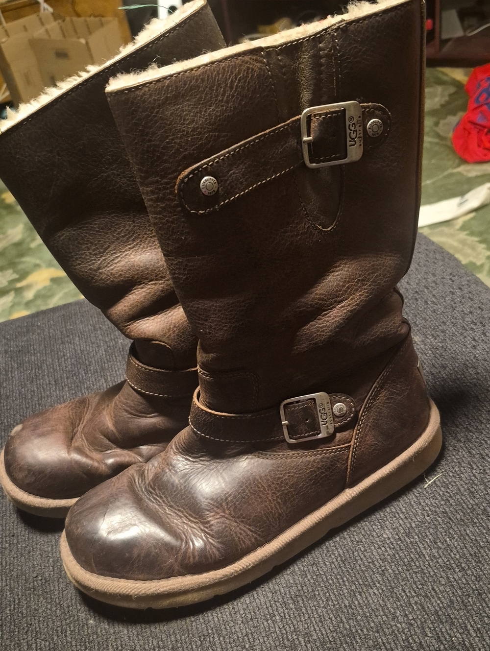 UGG Men’s Dark Brown Leather Shearling-Trim Mid-Calf Boots